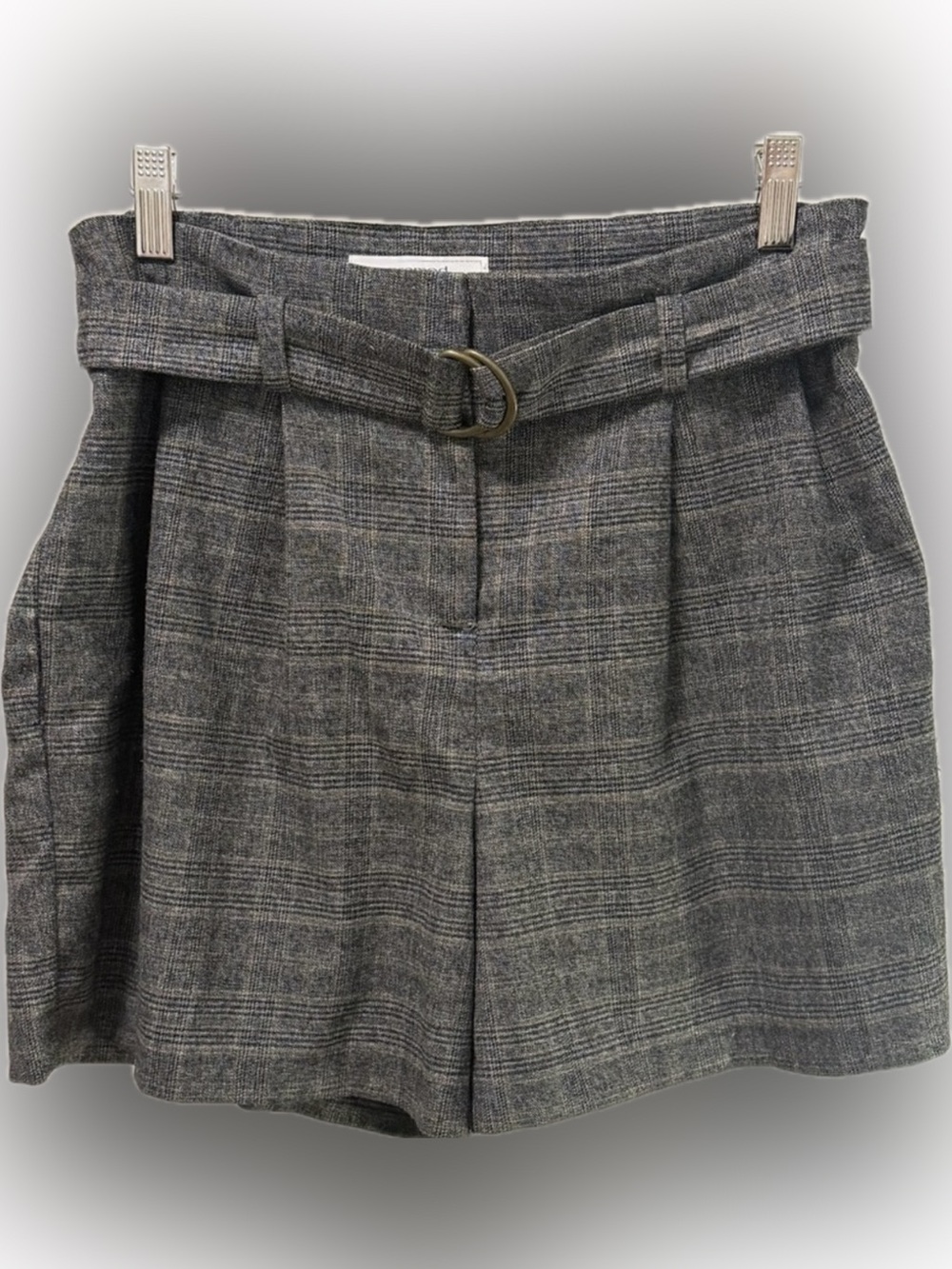 PROMOD French Boutique Plaid Belted Tailored Shorts Gray High Rise Size 6